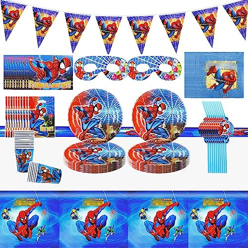 42 Stück Superhelden Geburtstagsdeko, Spielzeug Deko Geburtstag kinder Partygeschirr Party Supplies für Kinder Junge Dazu Gehören Teller Tasse Tischdecke Servietten Heartsking Party Tableware Spider