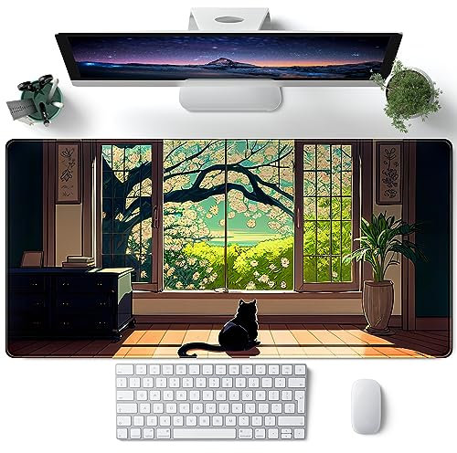 Grand tapis de souris vert motif chat noir - Joli tapis de souris XXL - Grand tapis de souris esthétique - Pour ordinateur portable - 80 x 40 cm
