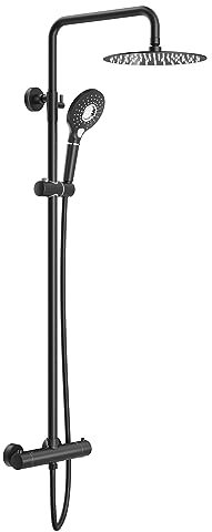 Rainsworth Duschsystem mit Thermostat Schwarz, Duschset 25cm Rund Edelstahl Regendusche Duscharmatur, Duschamaturenset, Duschgarnitur, Duschkopf mit Filter, 92-126 cm Duschstangen, Dusche Set