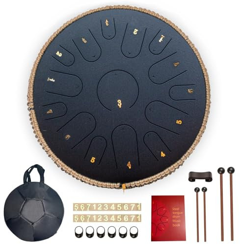 Zungentrommel aus Stahl, 35,6 cm (14 Zoll), 15 Noten, Handpan-Trommel mit Musikbuch, Schlaginstrumente und Tragetasche, sorgenfreie Trommel für Anfänger, Erwachsene, Kinder, C-Dur