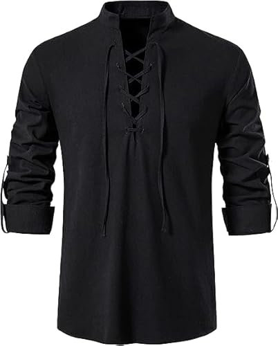 Enlision Mens Cotton Linen Shirts Lace up Medieval Vintage Costume Long Sleeve Classic Scottish Jacobite Ghillie Kilt Shirt Black 4XL