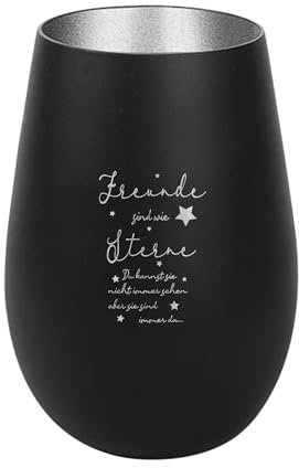 Der-Porzellan-Laden Windlicht mit Gravur Freunde sind wie Sterne, Schwarz Silber, Teelichthalter aus Glas mit Spruch, Tischdeko modern