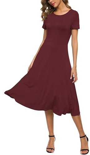 EXCHIC Damen Casual Rundhals A-Linie Kurzarm Midi Kleid Sommer Stretchy Knie Langes Freizeitkleider(S, Weinrot)