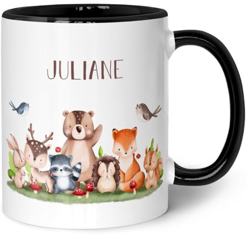 GRAVURZEILE Bedruckte Tasse mit Namen - Tiergruppe Waldtiere - Personalisierte Geschenke für Jungen & Mädchen Kinder zum Geburtstag Einschulung Kommunion und Konfirmation - Schwarz & Weiß