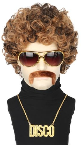 Topcosplay 4er Set Afro Perücke Herren Mit Sonnenbrille, Schnurrbart, Halskette - 70 80er Jahre Vokuhila Disco Hippie Perücke für Halloween Karneval Kostüm (Blond Mix Braun)