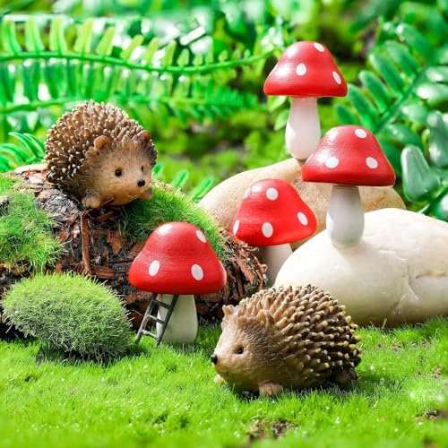 Cosiesnest 6 piezas de accesorios de jardín de hadas en miniatura, mini erizo de resina y seta, decoración de paisaje, figuras de jardín al aire libre para plantas, macetas de bonsái, suministros de