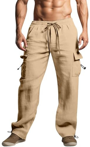 Herren Casual Slim Fit Unifarbene Elastic Waist Drawstring Pants Lange Stretch Outdoor Pant Bequeme Loose Sporthose für Männer Beige S