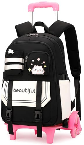Amythe Schulrucksack Trolley für Mädchen, Rucksack Schule Teenager mit 6 Rädern, 28L Leichter Schultasche für Grund- & Sekundarschüler, Abnehmbar Trolley Daypack für Reise -Schwarz