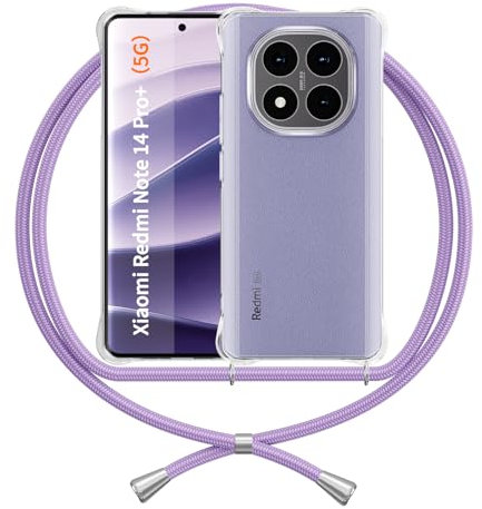 ANFAIRLACE Funda Cuerda Compatible con Xiaomi Redmi Note 14 Pro Plus 5G, Carcasa Transparente Clear Silicona TPU Cover Correa Colgante Cordón Case, Morado