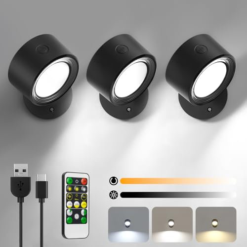 LED Wandleuchte Innen, 3 Stück Akku Wandlampe mit Fernbedienung Kabellos Leselampe, 3 Farbmodi Dimmbar Nachttischlampe Wandlicht, 360° Drehbare Aufladbare Leuchten für Treppe Wohnzimmer Schlafzimmer