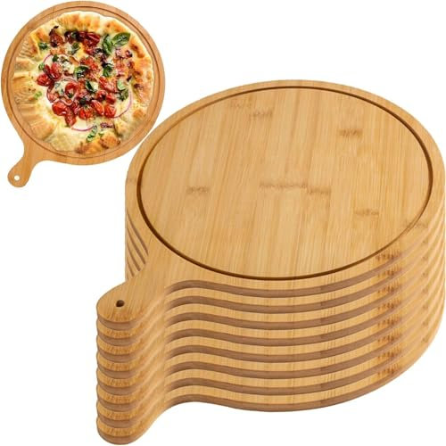6 Pack Pizza Board Set – Premium Wooden Pizza Plates for Serving & Cutting, Round Bamboo Pizza Plate with Handle, Durable & Lightweight for Home & Restaurant (Up to 13 Inches),6inch