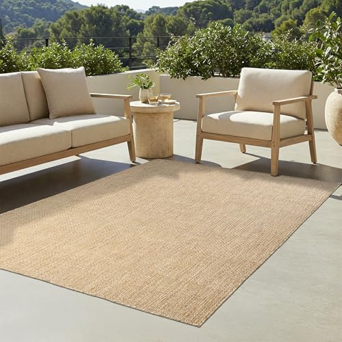 TAPISO Yucana Teppich Outdoor Flachgewebe Robust UV-beständig Wetterfest In-& Outdoor Teppich Balkon Terrasse Garten Küchenteppich Creme Beige Meliert Modern 200 x 200 cm