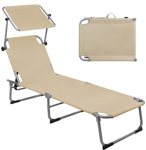 Montafox Sonnenliege 195 x 59 x 32 cm Strand Liege Tragbar max.150 kg Sonnendach Verstellbarer Rückenlehne Garten Pool Terrasse Klappbarer Liegestuhl, Farbe:Taupe