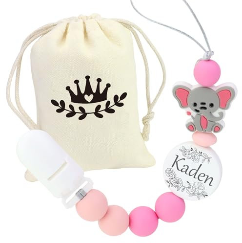 Personalisierter Schnuller mit Namen | Personalisierter Schnullerclip | Geschenk für Neugeborene und Jungen | Glitzer Schnullerzubehör mit Namen (0-6 Monate) (Elefant)