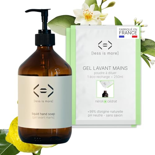 Less is More, Savon Liquide Mains en Poudre à Diluer Néroli/Cédrat, sans SLS, Hydratant, Kit Bouteille Verre GRAND FORMAT + 2 Recharges Ecologiques sans Plastique, 500ml à Reconstituer, Made in France