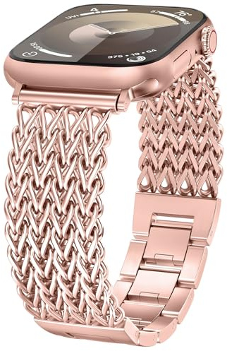 TOYOUTHS Compatible with Apple Watch Straps 42/44/45/46/49mm Women Dressy Stainless Steel Metal Gold Chain Strap Luxury Link Bracelet for iWatch Series 11 10 9 8 7 6 5 4 SE/Ultra 3 2 1, Rose Pink