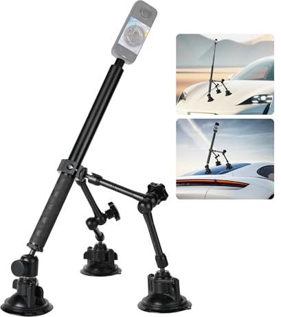 fantaseal Heavy Duty Tri-Cup Suction Cup Camera Mount Kit Including + 14-58 Extendable Selfie Stick + 12 Safety Lines for Insta360 X5, 4, 3, 2, GoPro Panoramic Video Recording, Travel Vlogging