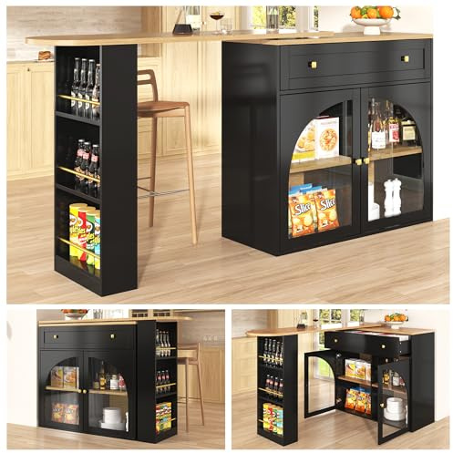 DRIXNO Ausziehbarer Bartisch mit Stauraum(138-204×39×104cm), 360° Drehbare Essbar, Sideboardschrank mit Regalen und Glas,Schwarz
