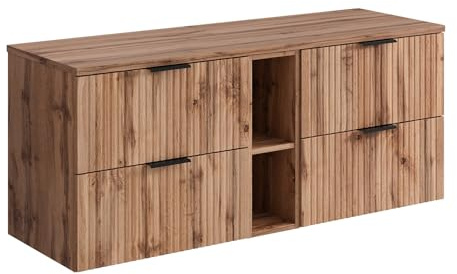 Vente-unique - Meuble sous Vasque Suspendu strié avec niches - Naturel Clair - L140 cm - ZEVARA