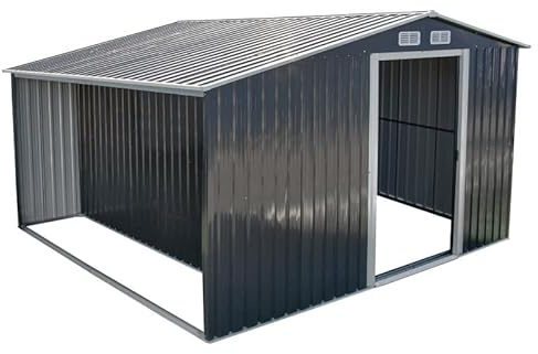 4iQ Metall Gerätehaus 10 m² mit Holzlager – Stahl Gartenhaus 324x313x190 cm, verzinkt, Schuppen für Werkzeug, Fahrräder & Gartengeräte, Anthrazit