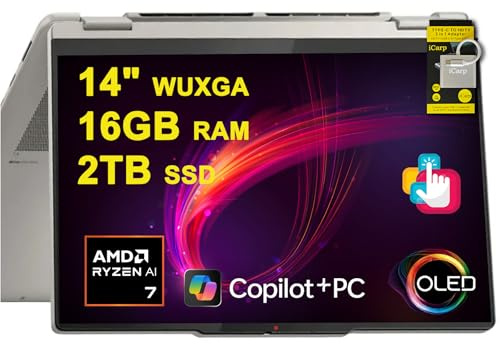 Lenovo Yoga 7 2-in-1 Laptop 14 WUXGA OLED Touch (100% DCI-P3, 600nits HDR) AMD 8-core Ryzen AI 7 350 (Up to 50 Tops) 16GB RAM 2TB SSD for Creator Business Professional Win11 ICP Hub w/Copilot+ AI