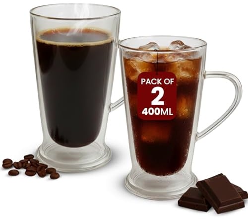 Double Walled Coffee Mugs 2 Pack - 400ml Glass Coffee Mugs for Hot & Cold Drinks - Scratch Resistant Latte Mug - Easy to Clean Insulated Borosilicate Glass Cups