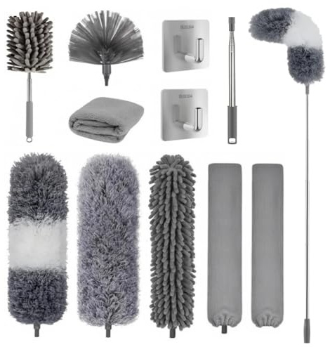 11 Pcs Feather Duster, Microfibre Feather Duster Bendable Extendable Washable Cobweb Duster with 100 inches Long Telescopic Dusters, for Cleaning Ceiling Fan Lights Blinds Cars Furniture