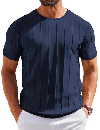 COOFANDY Camisetas Hombre Manga Corta Camiseta de Punto Rayas Jersey Verano Tshirt de Cuello Redondo Camiseta Basica Azul Marino M