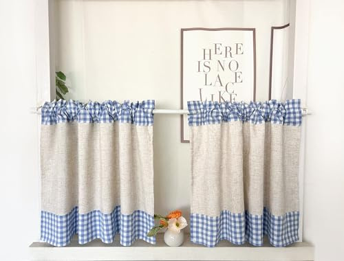 Daliena Scheibengardine 2er Set Kariert Kurzgardine BxH60x120cm Blau | Bistrogardine Leinenoptik, Küchengardine Landhausstil Gardine Retro Vintage, Fertige Kleinfenster Gardinen 2 Stück