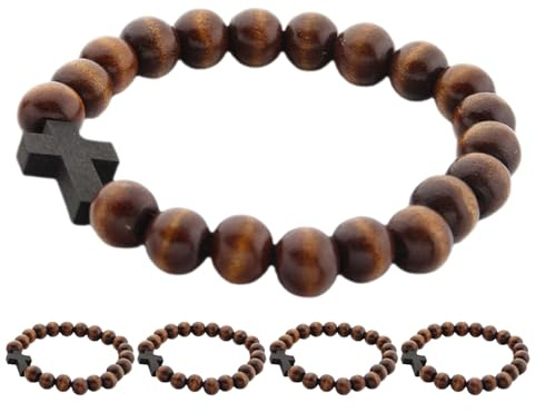 DEARMAMY Pulsera De Cruz De Cuentas De Madera Marrón Claro Paquete De 5 | Pulsera Artesanal De Cuentas De Madera, Colgante De Cruz Único, Marrón Claro, Paquete De 5