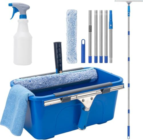 Professional Window Cleaning Equipment with 6ft Long Handle, 3 Gallon Bucket,14 Squeegee,15 Microfiber Scrubber,Spray Bottle, Cloth, Window Cleaning Kit for Commercial Household.