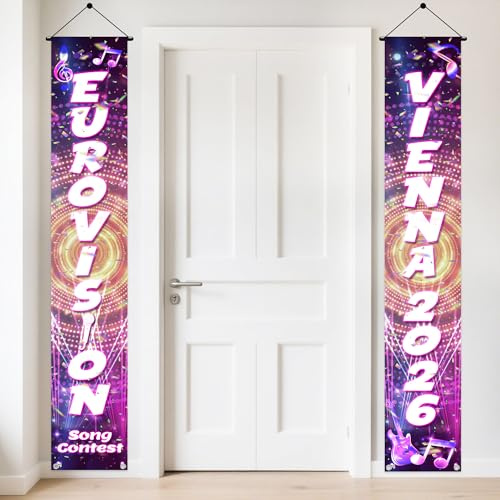 Eurovision Song Contest 2026 Banner - 2 Stück Disco Party Dekoration Eurovision Türbanner 180 x 30 cm, Tür Deko Partybanner für Bar Restaurant Pub Innen- und Außenbereich