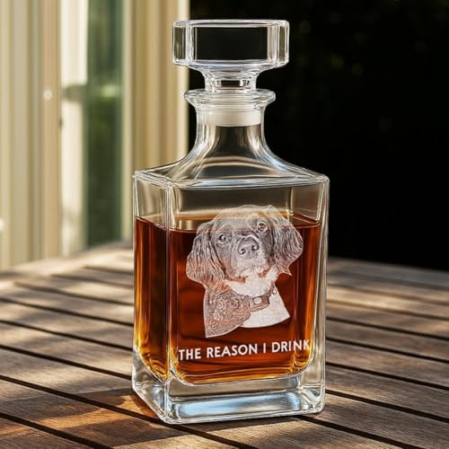 Decantador grabado personalizado con foto de perro, dispensador de whisky personalizado, regalo para amantes de los perros o dueños de mascotas, día del padre, botella de whisky de 24 onzas, regalo