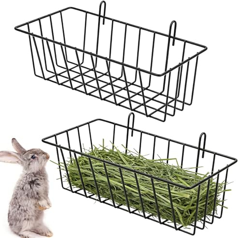 2 Stück Heuraufe Kaninchen, Heukisten Heuhalter Schwarz Heu Hängender Futterspender Metallrahmen mit Haken für Kaninchen Meerschweinchen Kleintiere