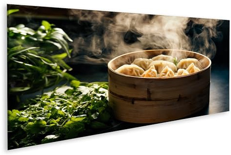 islandburner Quadro su tela Dumplings seducenti in smorzatore di bambù Murale Cucina Per buongustai - Panorama