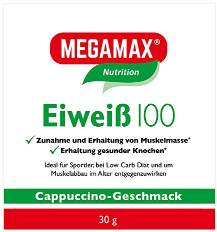 Megamax Eiweiss Cappuccino 30 g | Molkenprotein + Milcheiweiß Für Muskelaufbau ,Diaet | 2k-Eiweiss ideal zum Backen | hochdosiert Low Carb Eiweiß | aspartamfrei Protein mit Aminosäure