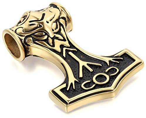 JewelryWe Schmuck Edelstahl Retro Charm Thors Hammer Amulett Herren-Anhänger mit 55cm Kette, Halskette, Gold Silber
