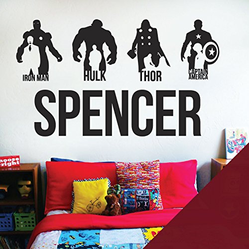 Avengers Personalised Name Children Wall Art Sticker - Marvel, Iron Man, Captain America, Thor, Hulk [Burgundy]