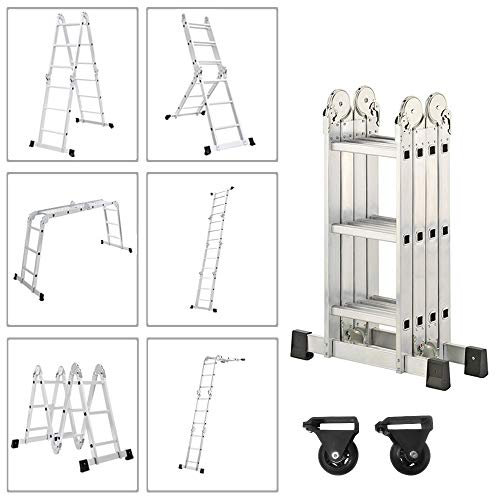 Froadp 340cm Aluminum Mehrzweckleitern, 4x3 Stufen Gerüst Leiter, Ausziehbar Treppenleiter mit 2 Arbeitsplattform, Klappbare Stehleiter, Arbeitsbühne Schiebeleiter für Haus, Werkstatt(Silber)