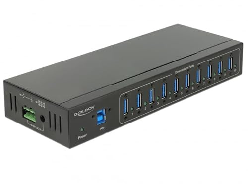 DeLock External Industry Hub 10 x USB 3.0 Type-A with 20 KV ESD Protection - Hub - 10 x SuperSpeed USB 3.0 - an DIN-Schiene montierbar, wandmontierbar - Gleichstrom, Schwarz
