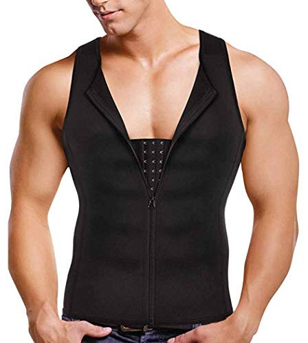 Gotoly Men Waist Trainer Vest Weightloss Corset Sport Body Shaper Zipper Closure Sweat Suits Tummy Cincher Workout Shirt, L, Black