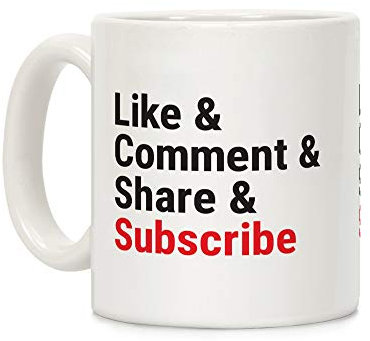 LookHUMAN Keramik-Kaffeetasse mit Aufschrift Like Comment Share Subscribe, 325 ml, Weiß
