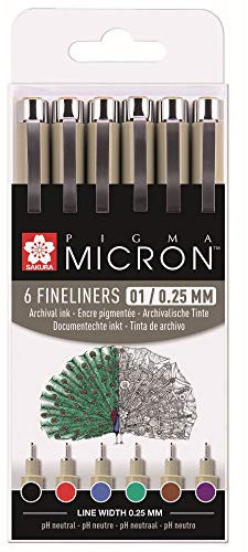 SAKURA Pigma Micron 01 Fineliner Set - 6 Farben - 0,25 mm Stifte - Permanente wasserfeste Tinte für Künstler & Designer