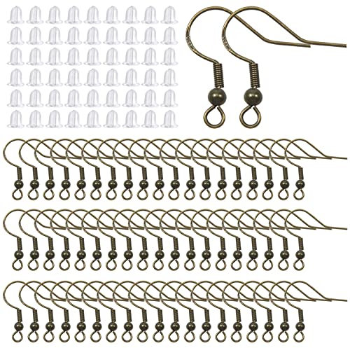 TOAOB 200pcs Earring Hooks Silver Plated Antique Bronze Fish Ear Wires with Rubber Safety Backs for Jewelry Making