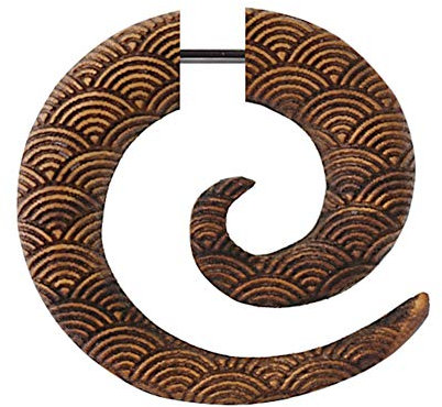CHICNET Damen Herren Fake Piercing Spiralen Dehnschnecke Ohrring aus Holz und Edelstahl in braun, überlappende Kreise Muster, 40mm