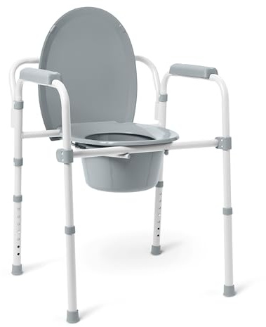 Medline 3-in-1 Steel Bedside Commode, Elongated Seat, Sturdy Folding Frame, 7.5 QT. Bucket, 350 lb. Weight Capacity, Clip-on Seat, Easy Cleaning, Tool-Free Assembly, Gray
