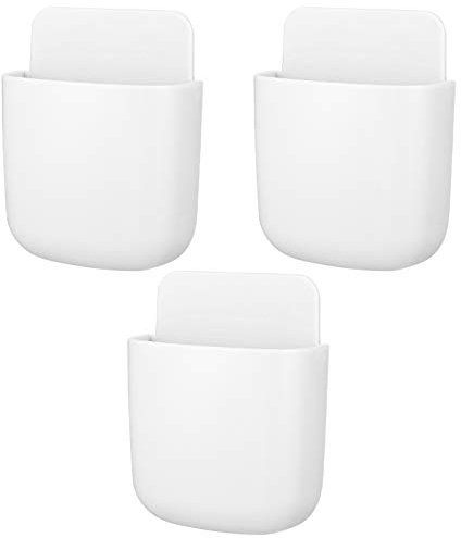 QINREN Wall-mounted Remote Control Storage Box, 3pcs Self-adhesive Mounted Sundries Organizer Hanging Container Phone Charging Rack Holder for Storing Remote Control, Cell Phone, Pen, Key (White)