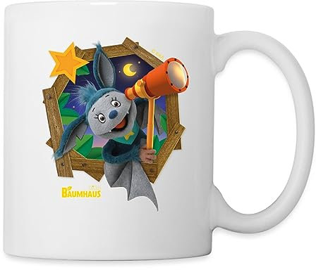Spreadshirt KiKA-Baumhaus Mit Fidi Guckt Aus Dem Fenster Tasse, One size, Weiß