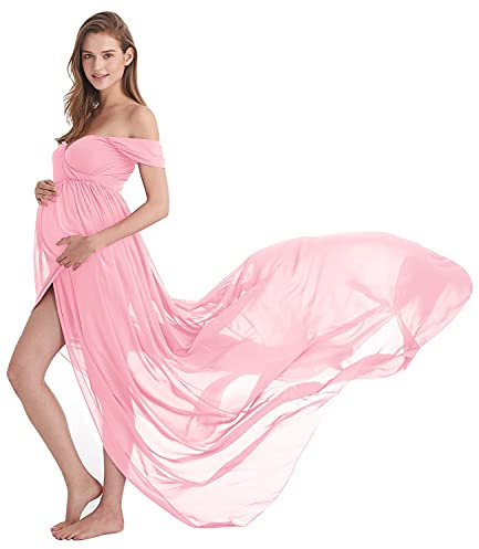 AYMENII Maternità Off Spalla Chiffon Fotografia Abito Split Anteriore Maxi Vestito per Photoshoot Festa di Nozze Baby Shower, rosa, M