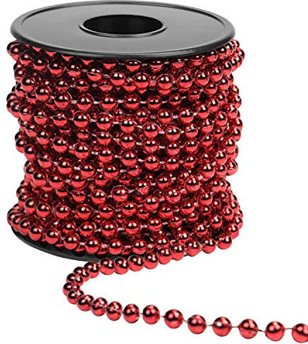 Belle Vous Christmas Bead Garland - 10m Red Xmas Bead Chain for Table Decorations and Christmas Tree Decorations, Jewellery Making, DIY Art & Craft & Party Decor
